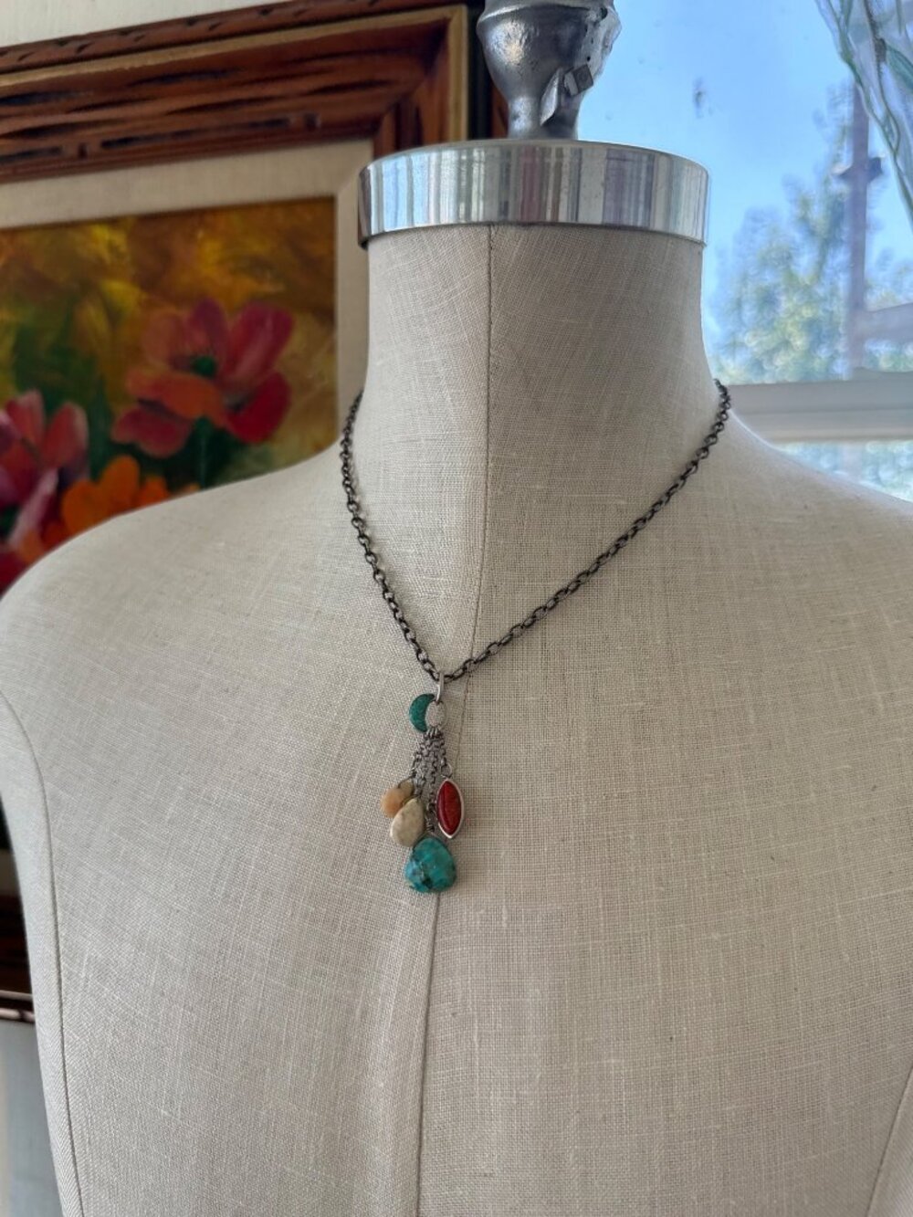 Vintage 90's Silpada Sterling Silver Chain Necklace With Gemstone Dangle Charms - Picture 8 of 15
